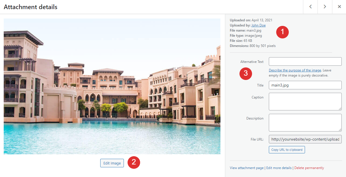 Ventana de detalles del archivo adjunto en WordPress
