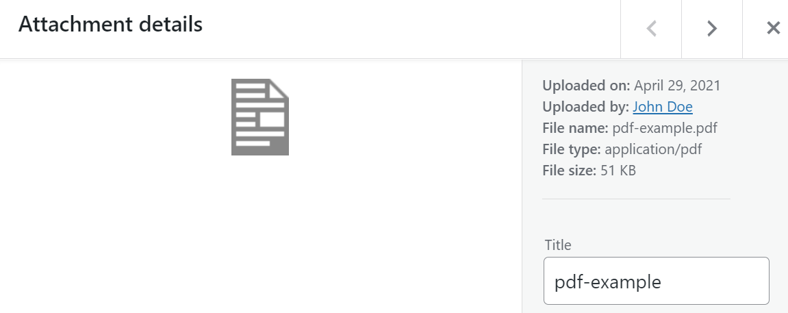 Ventana de detalles del archivo adjunto PDF en WordPress