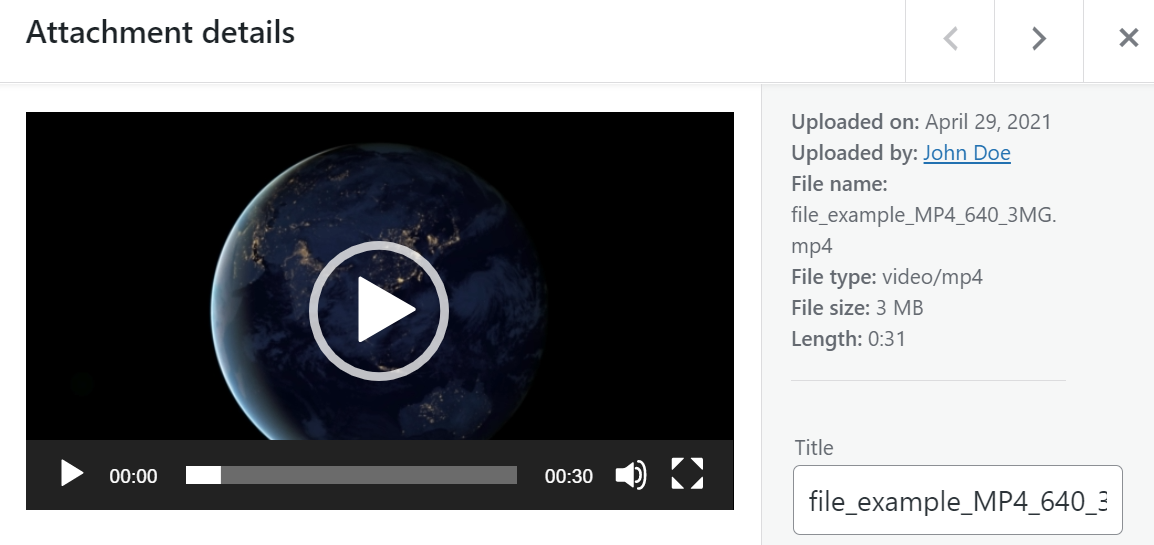 La ventana de detalles del archivo adjunto de video en WordPress
