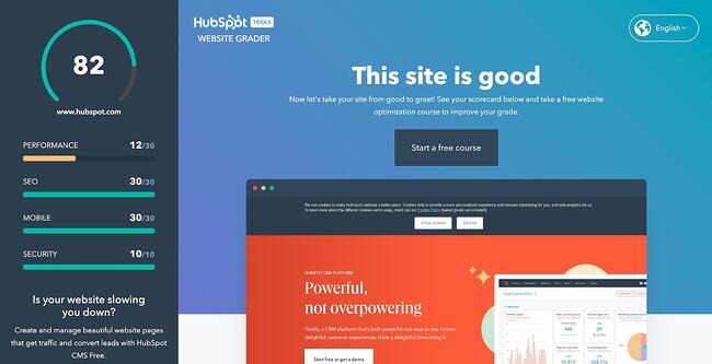 Un ejemplo de una página de resultados de evaluación de hubspot de hubspot.com