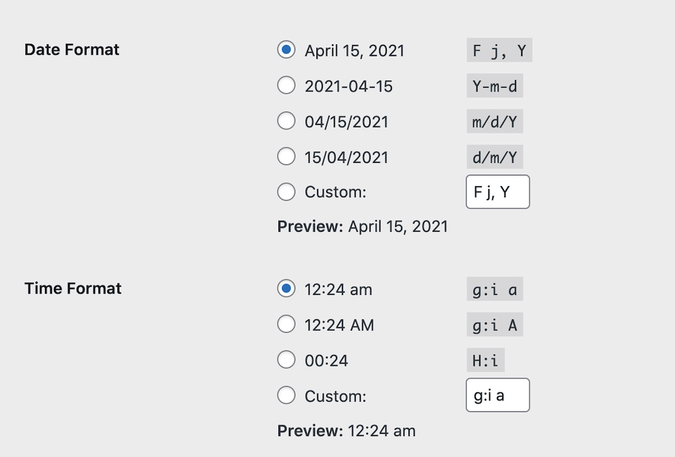 Configuración de formato de fecha y hora de WordPress.