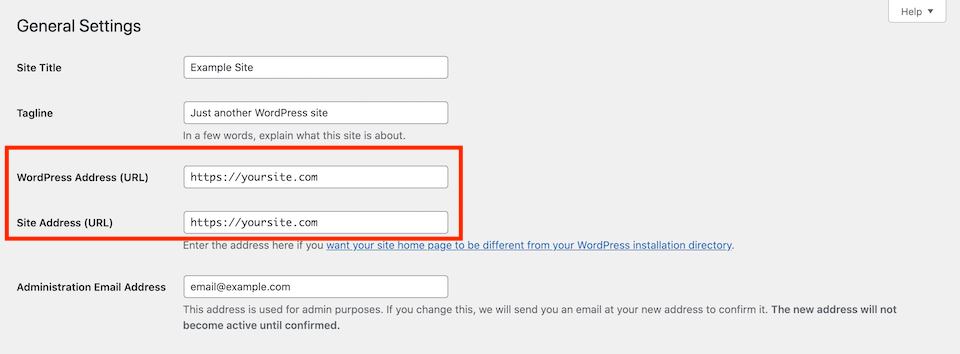Configuración de la dirección de WordPress y la dirección del sitio web.