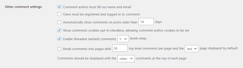 Otras configuraciones de comentarios de WordPress.
