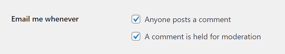 Configuración de discusión de notificación de correo electrónico de WordPress.