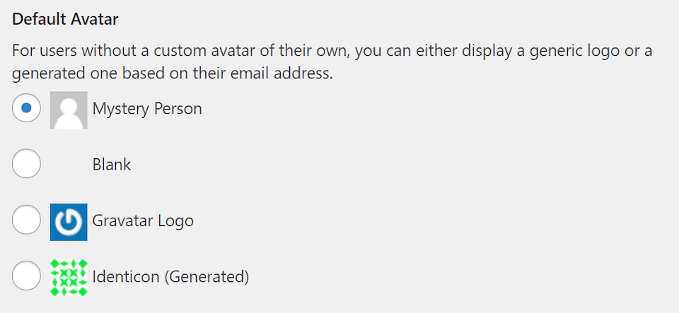 Opciones de avatar por defecto en WordPress.