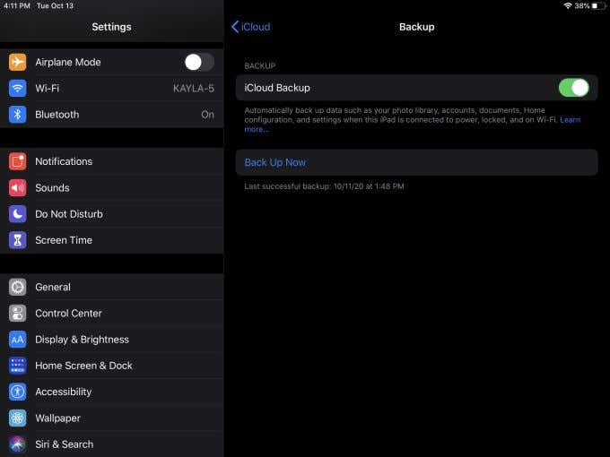 Pantalla de copia de seguridad de iCloud