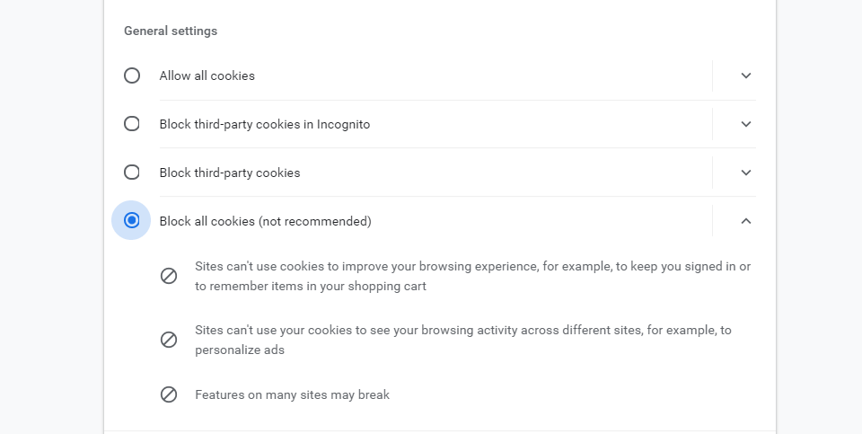 Configuración de bloqueo de cookies en Chrome.