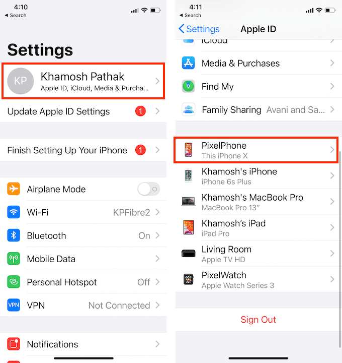 iPhone seleccionado en la ventana de Configuración