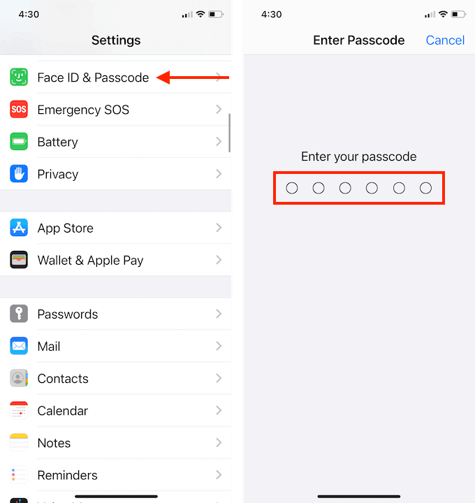 Ingrese su código de acceso en Face ID & Passcode