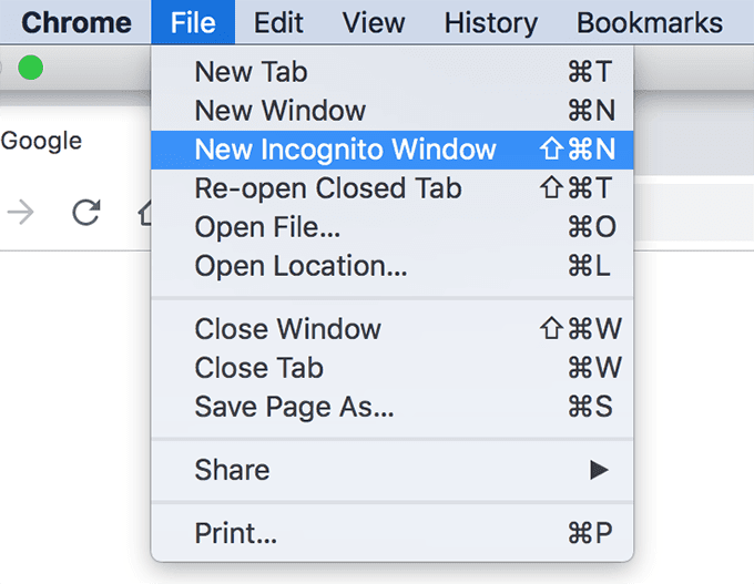 Archivo -> Nueva ventana de incógnito seleccionada
