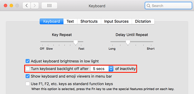 Opción de desactivar la luz de fondo del teclado en la configuración del teclado
