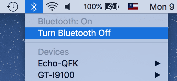 Menú Desactivar Bluetooth seleccionado