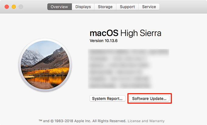 Botón de actualización de software en la ventana de descripción general