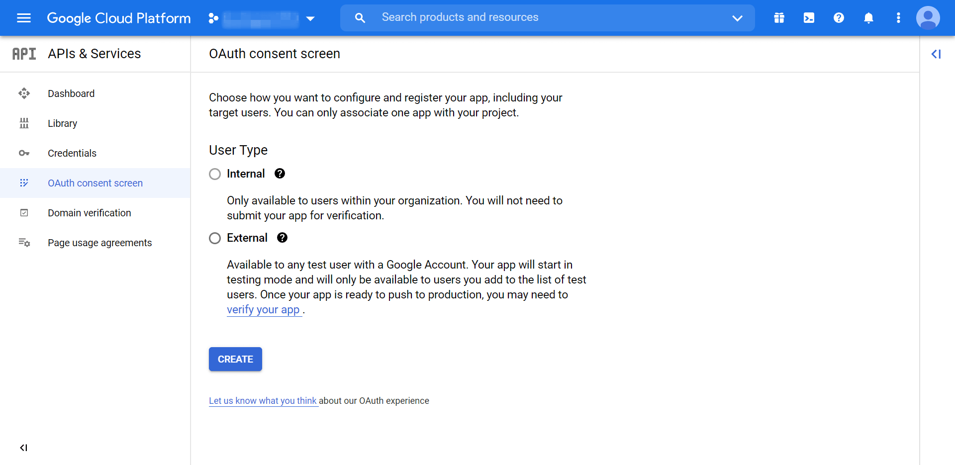 La primera página de la pantalla de consentimiento de OAuth.