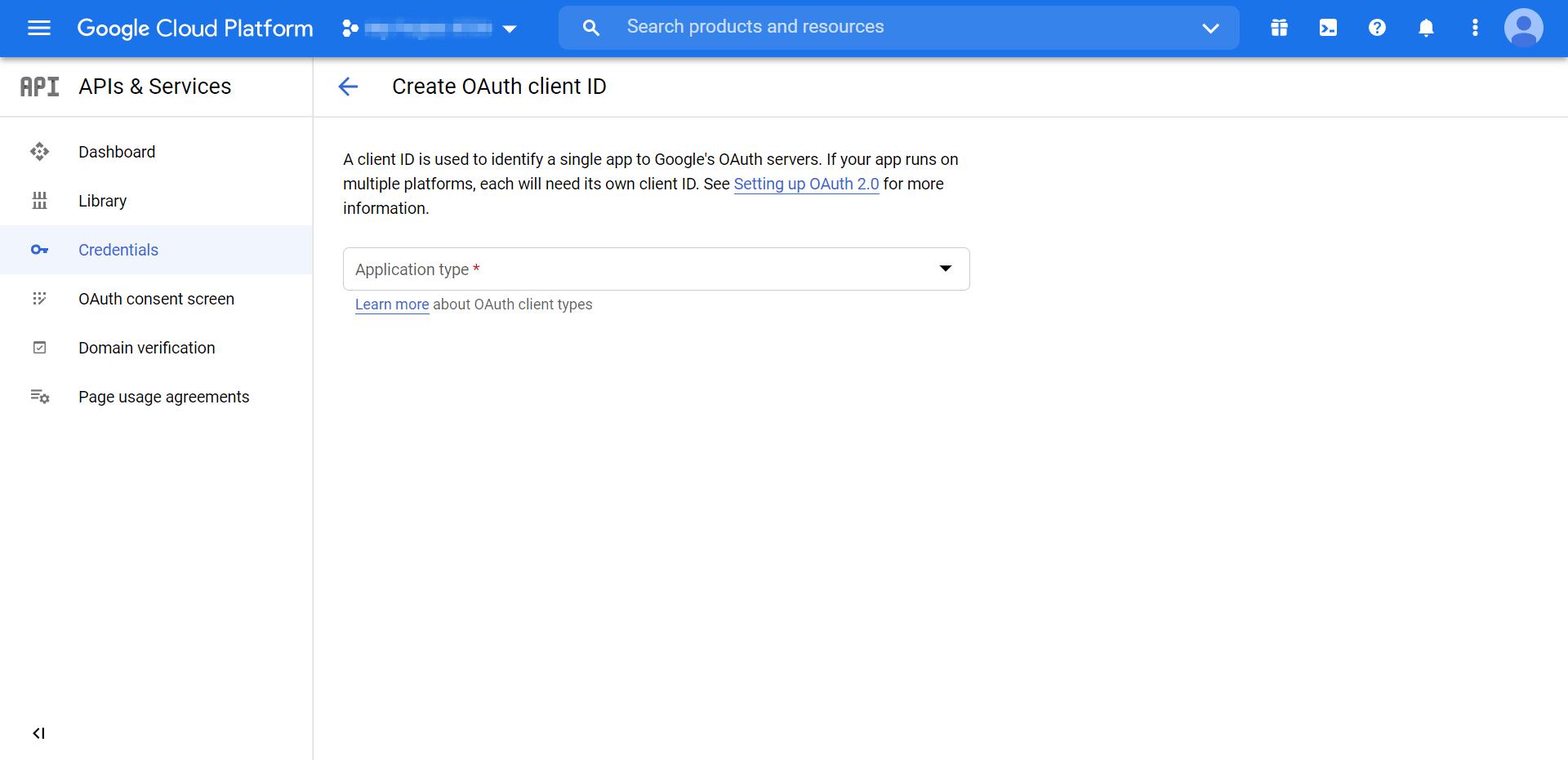 La primera página de creación de un ID de cliente de OAuth para el inicio de sesión de Gmail en WordPress.