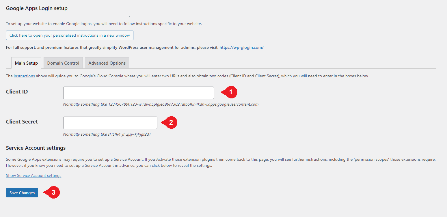 Pantalla de configuración de inicio de sesión de Google Apps para configurar el inicio de sesión de Gmail en WordPress.