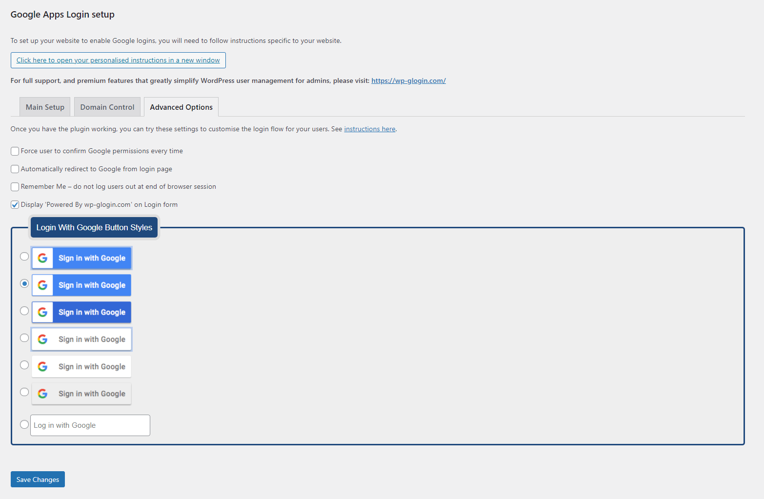 Opciones avanzadas de inicio de sesión de Gmail en WordPress.