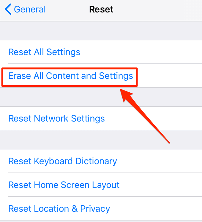 Borrar todo el contenido y la configuración en la ventana Restablecer