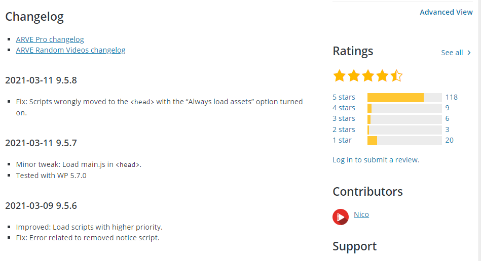 Ejemplo de registro de cambios del complemento