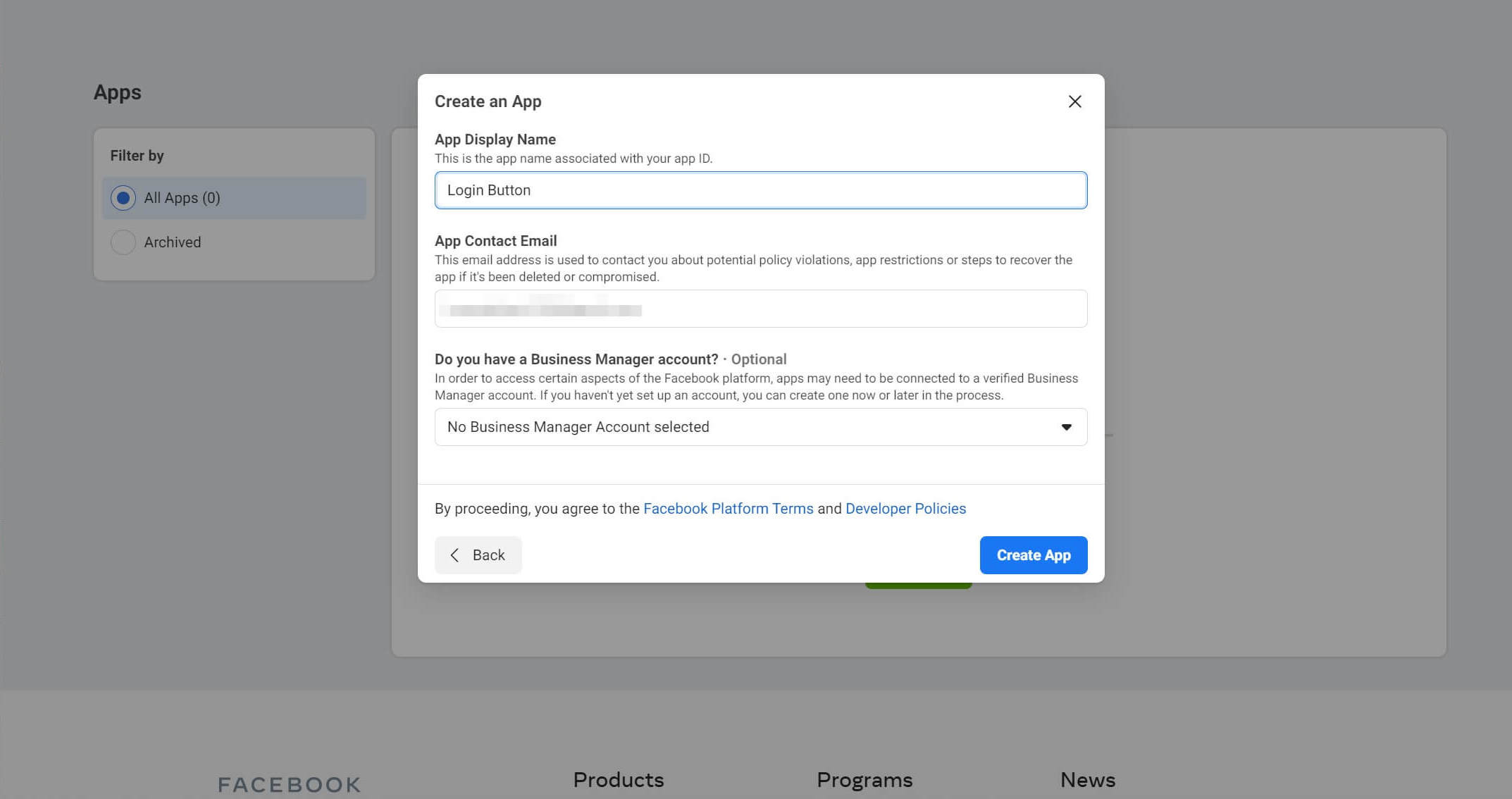 Nombra tu aplicación de Facebook.