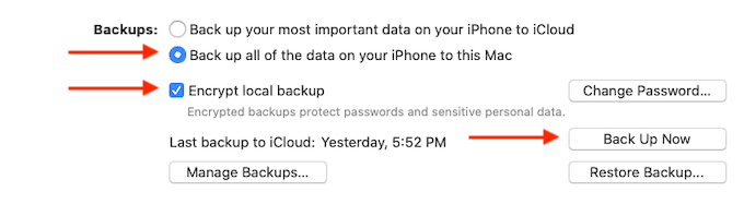 Botón Hacer copia de seguridad ahora con cifrado y todos los datos seleccionados