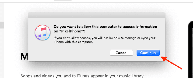 Botón Continuar en iTunes