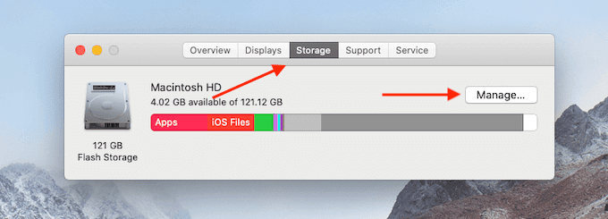 Botón Administrar en la pestaña Almacenamiento