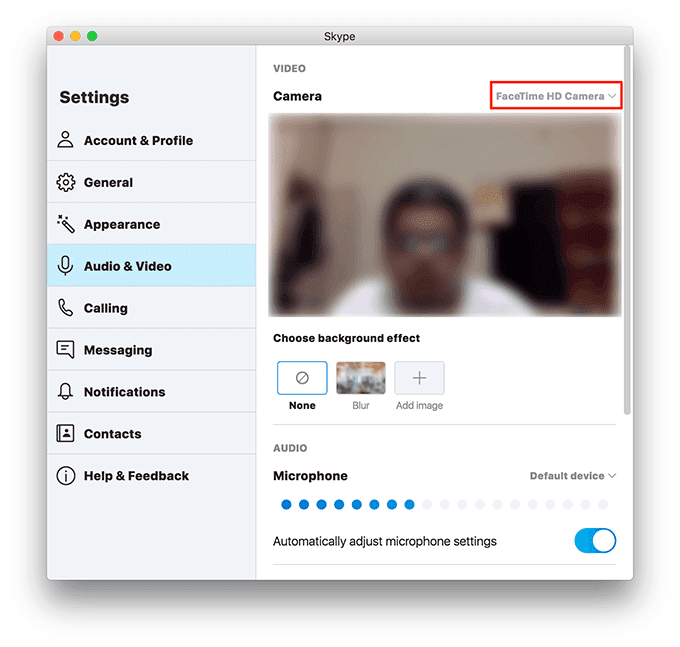 Cámara web seleccionada de la lista