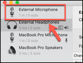 Micrófono externo en la pantalla de configuración de Audio MIDI
