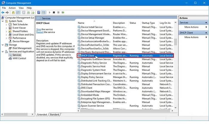 Reiniciar DHCP en administración de equipos