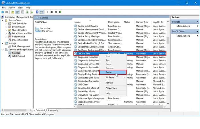 Reiniciar DHCP en administración de equipos