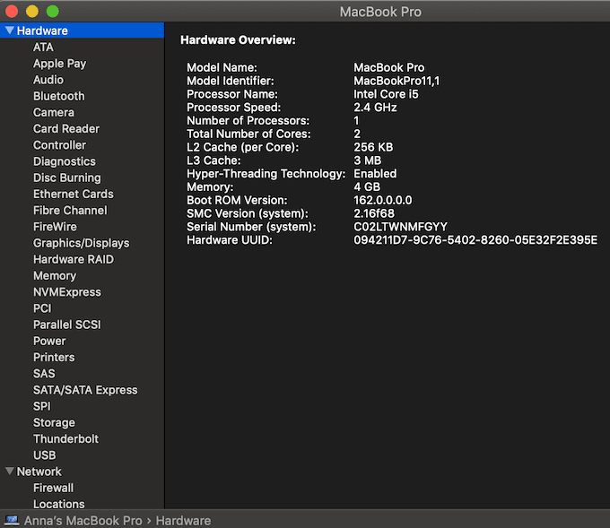 Menú lateral de hardware