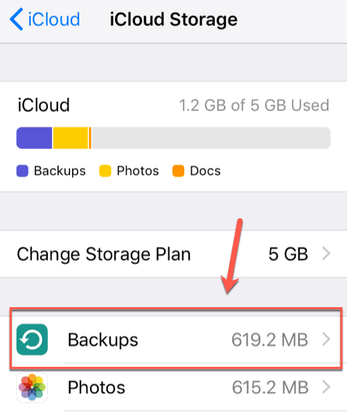 Copias de seguridad en el menú de almacenamiento de iCloud