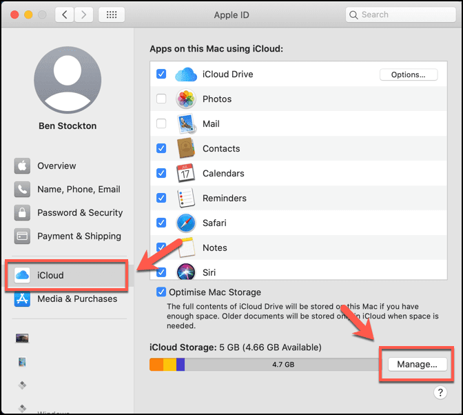 Botón Administrar en la pestaña Nube en ID de Apple