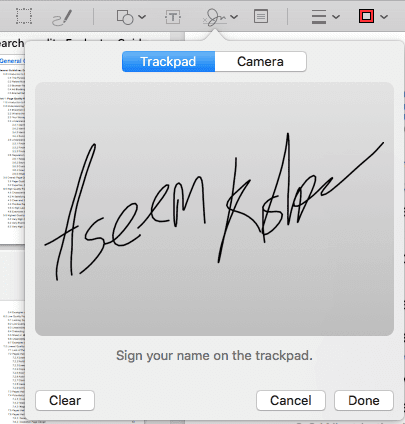 La firma de Aseem Kehore en la ventana del trackpad