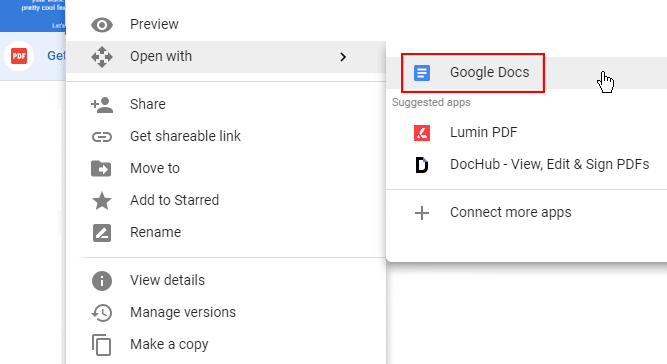 Abrir con menú con Documentos de Google seleccionados