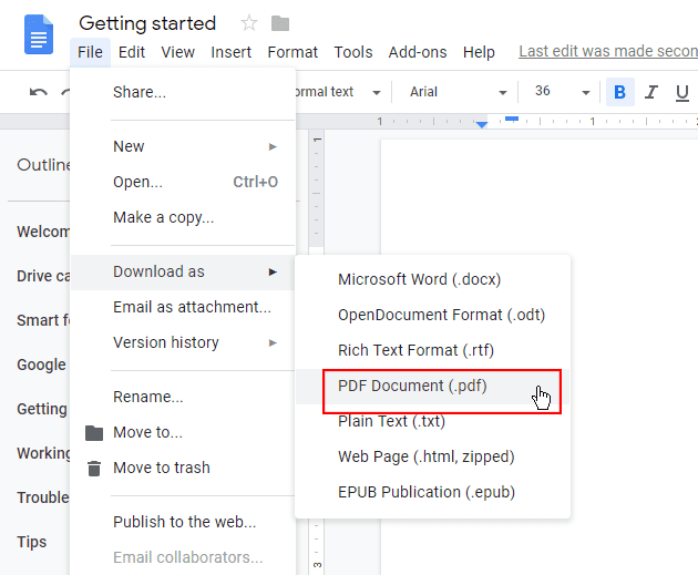 Descargar como documento PDF seleccionado en Archivo / Descargar como