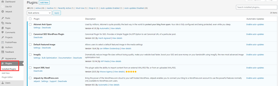 desinstalación del complemento desde el tablero