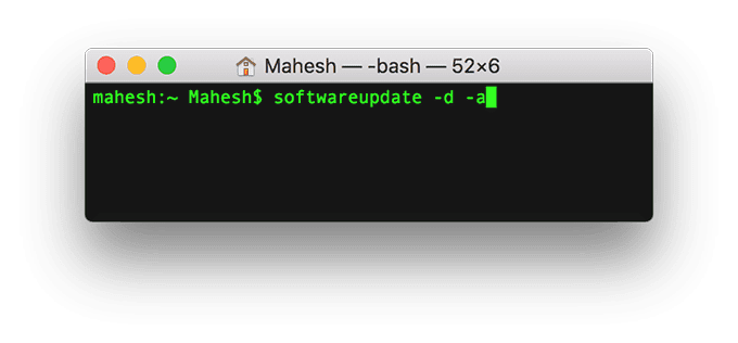 Terminal z poleceniem: aktualizacja oprogramowania -d -a