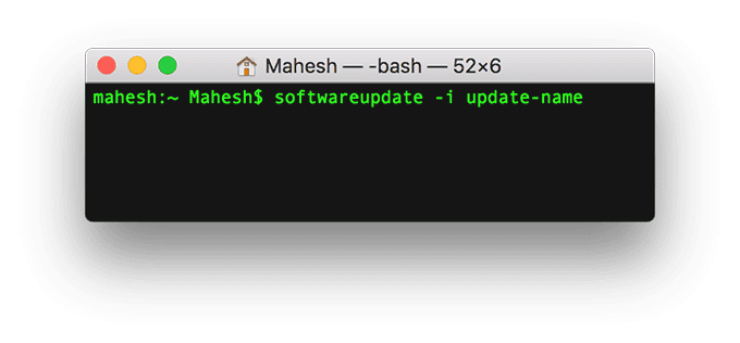 Okno terminala z poleceniem: softwareupdate -i nazwa-aktualizacji