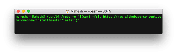 Okno terminala z poleceniem: /usr/bin/ruby -e 