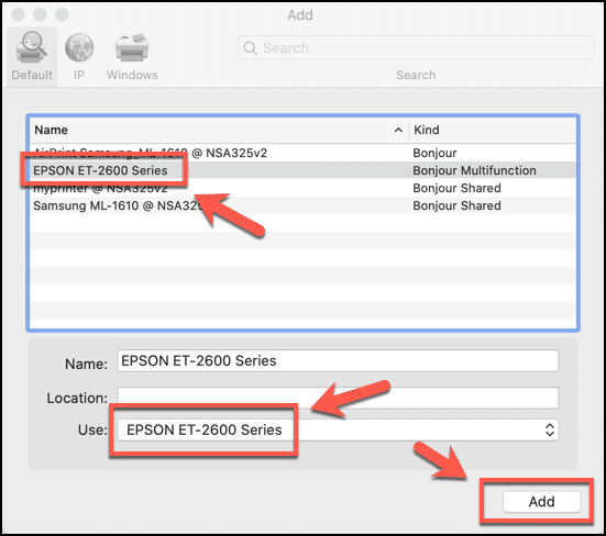 Impresora y controlador seleccionados en el cuadro de diálogo Agregar impresora