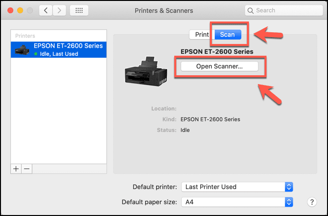 Pestaña Escanear y botón Abrir escáner resaltados