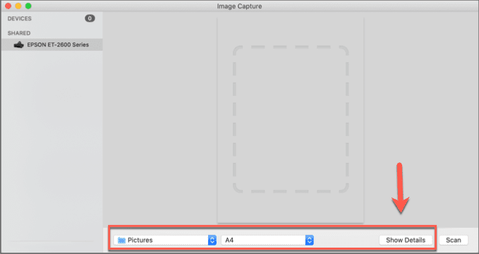 Ubicación, tamaño y botón Mostrar detalles en Captura de imagen