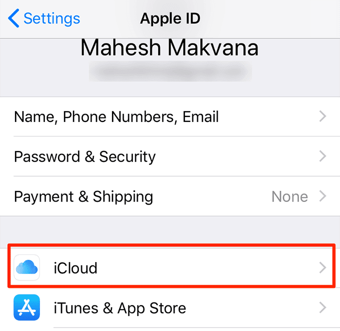 Opción iCloud en ID de Apple