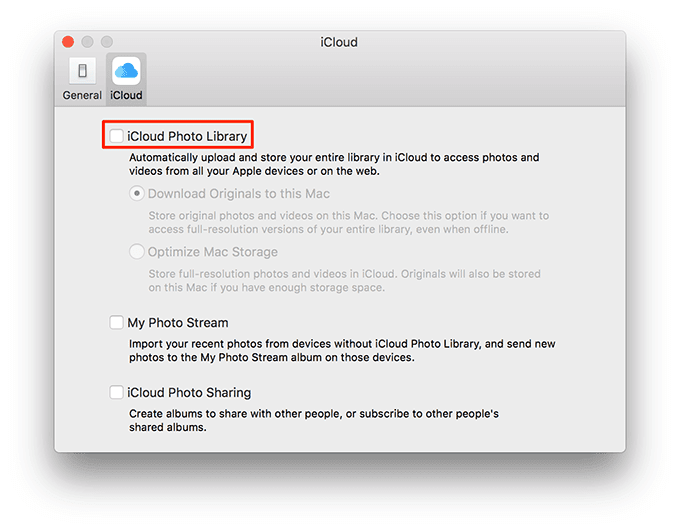 Biblioteca de fotos de iCloud en la casilla de verificación