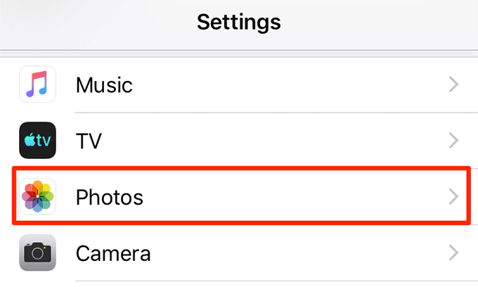 Opción Fotos en la pestaña Configuración