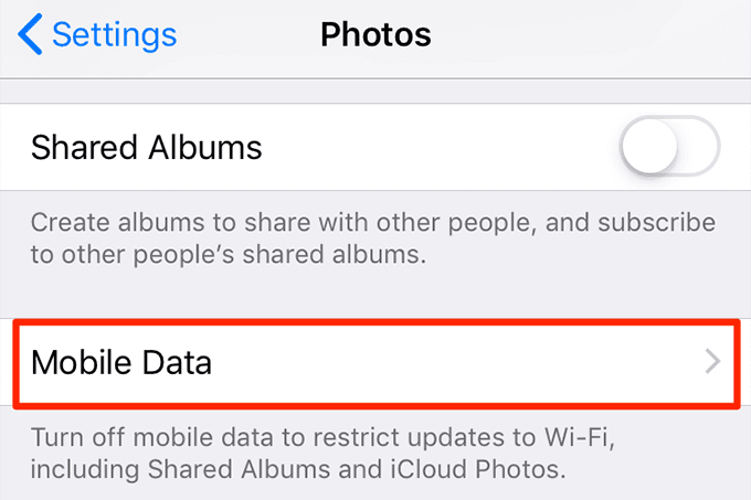 Opciones de datos móviles en Fotos