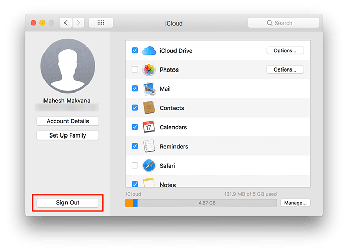 Botón Cerrar sesión en iCloud