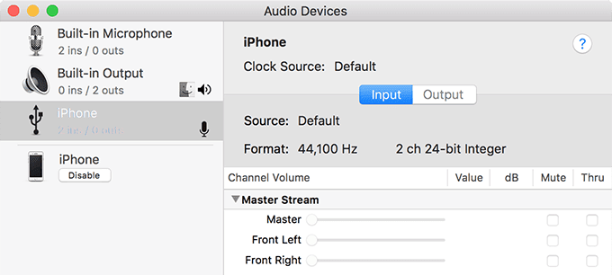 Ventana de iPhone habilitado como dispositivo de audio